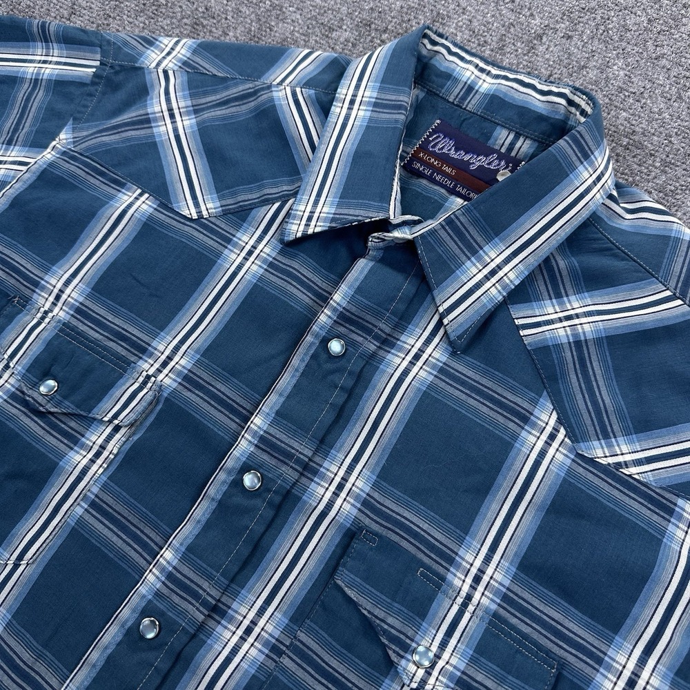 VTG WRANGLER Western X-Long‎ Tails Pearl Snap Cowboy Poplin Shirt Men's XL Teal
